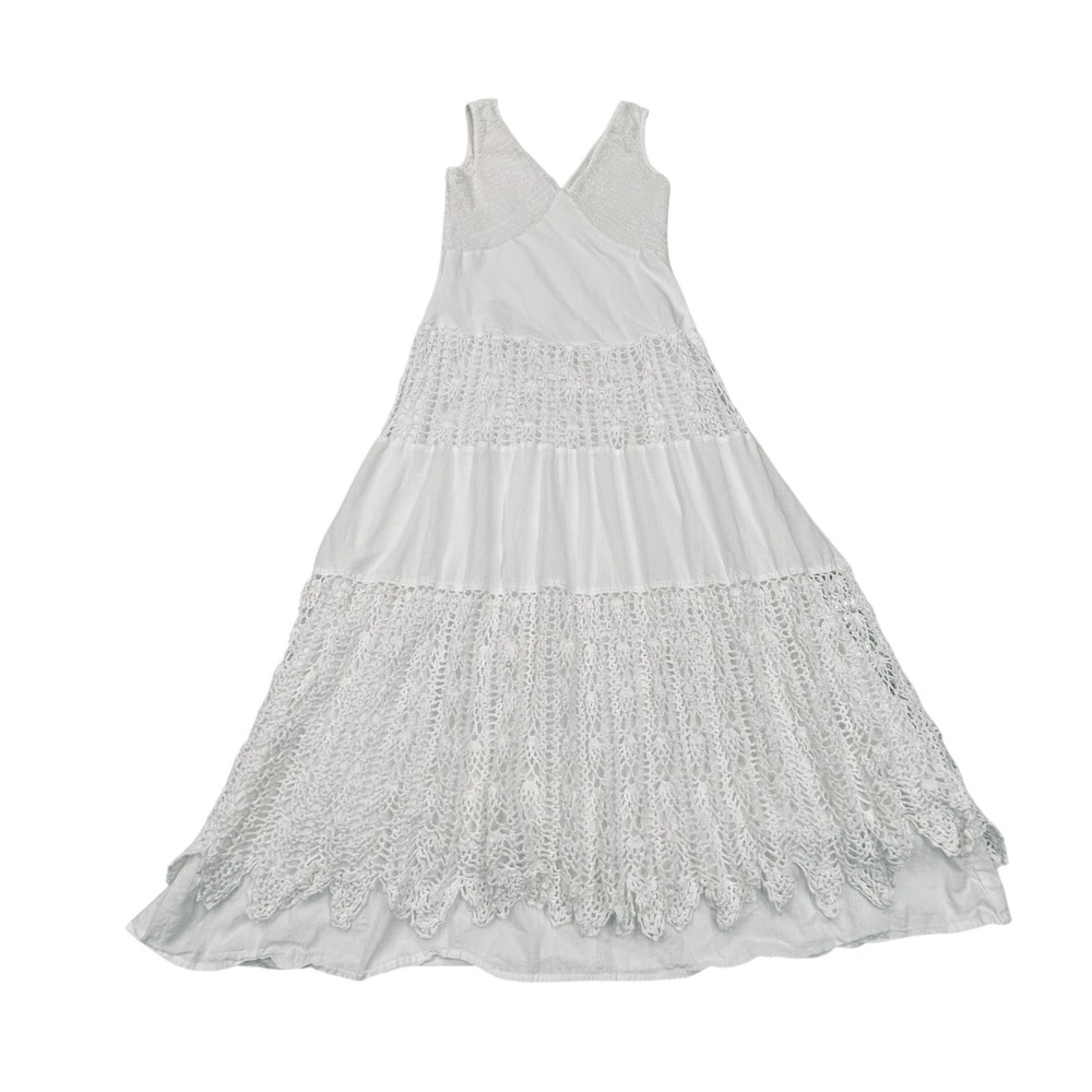 Boho White Crochet Lace Maxi Dress Small Tiered Sleeveless Summer Beach Resort